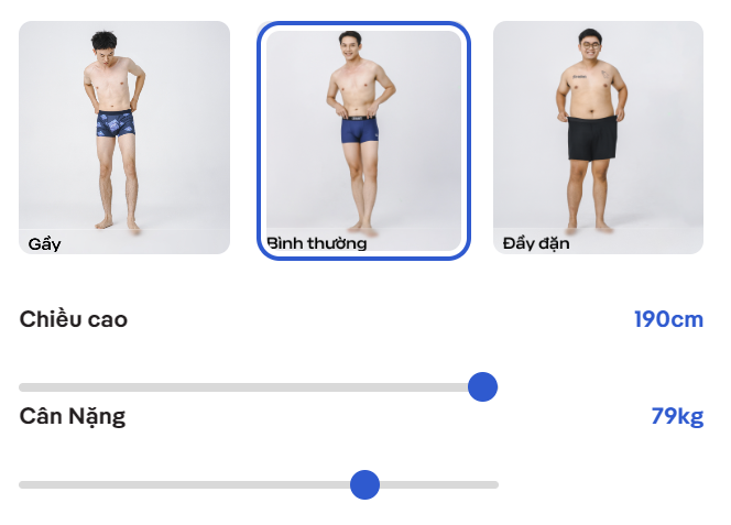 Chọn thông số cơ thể dựa trên vóc dáng (gầy, bình thường, đầy đặn) cùng với thông số về chiều cao và cân nặng được kéo trên thanh trượt.