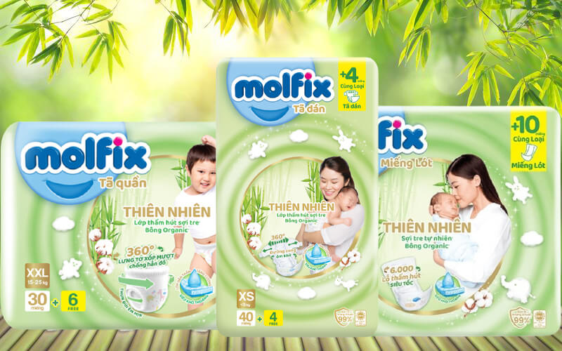  Bỉm tã dán Molfix Thiên Nhiên, M, 6-11kg, 76 miếng dành cho bé