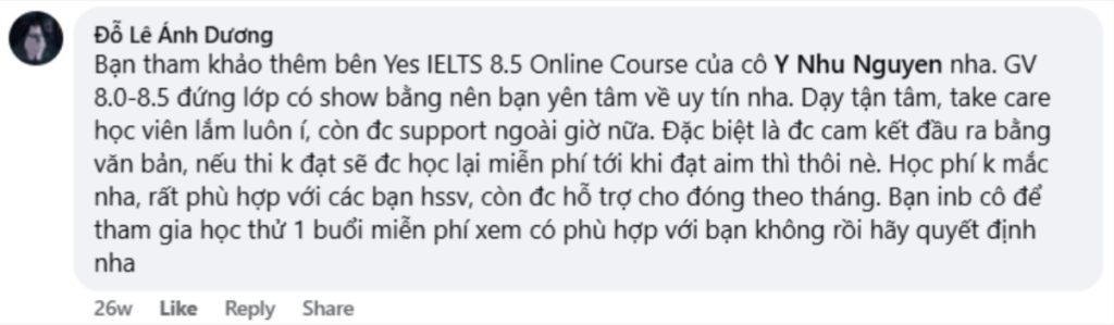 phản hồi của trung tâm Ielts uy tín tại hà nội - GLN English Center